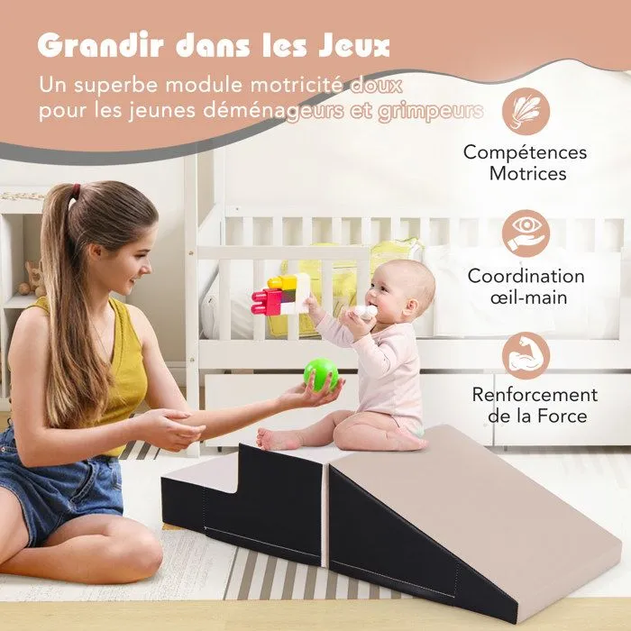 2PCS Module Motricité Bébé en Mousse COSTWAY-Bloc de Construction Housse PU Imperméable & Amovible-Attache Auto-aggrippant-Gris-2