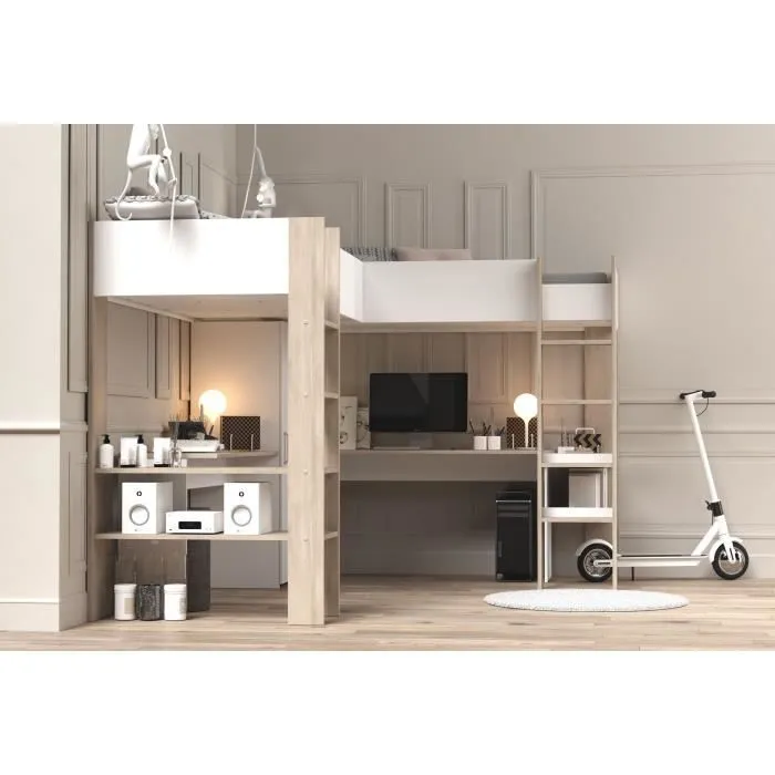Lit double mezzanine combiné enfant ALEXANDRA avec 2 bureaux et rangements - 2x90x200 cm - Blanc/Chêne - Sommiers inclus - PARISOT-3