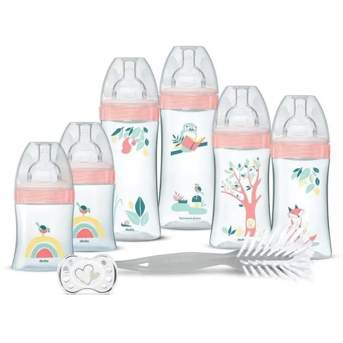 Dodie Kit Naissance - 6 Biberons Anti-Colique Tétines Plates, 1 Sucette Anatomique 0-2 Mois, 1 Goupillon - Sans BPA - Rose-0