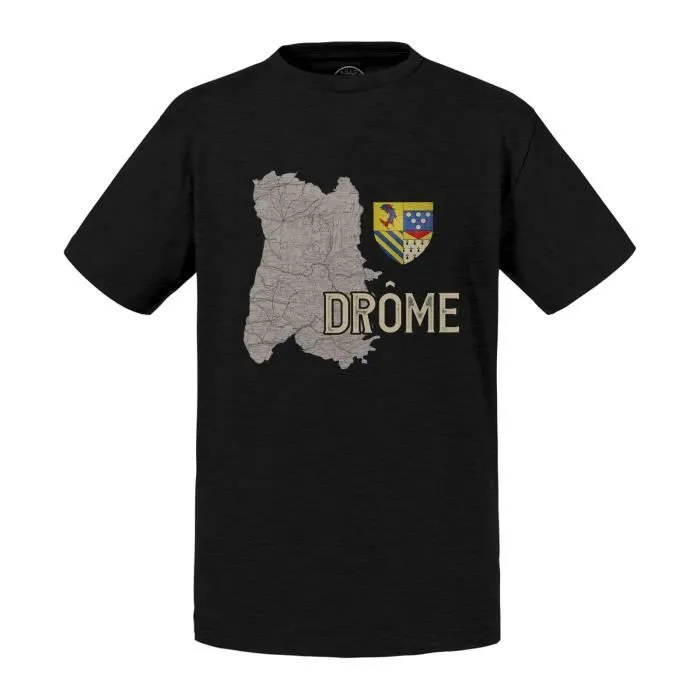 T-shirt Enfant Noir Drome 26 Département Valence Carte Ancienne Rhone Alpes-0