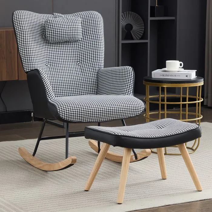 Fauteuil à bascule en tissu avec repose-pieds et repose-tête, noir et blanc-5