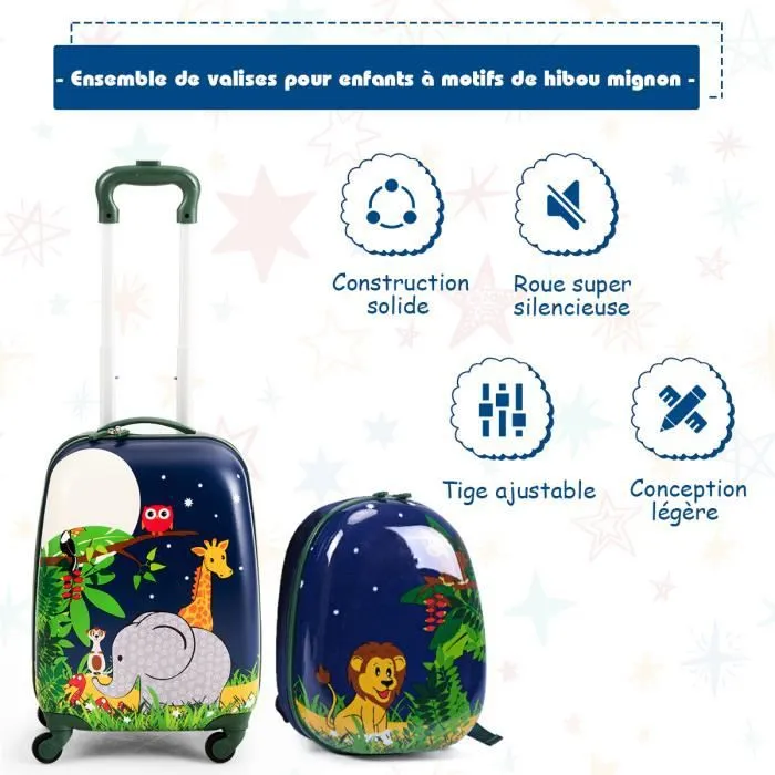 COSTWAY Valise Trolley pour Enfants à Roulettes 16'' + Sac à dos 12'' Ensemble de Bagage en Rose avec Motif Animaux -Garçon Fille-0