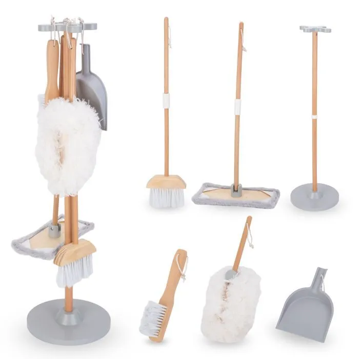 Mamabrum kit de Nettoyage en Bois Enfant , Jouet d'imitation- support de Rangement, pelle, Balai, vadrouille Tampon Doux, plumeau-0