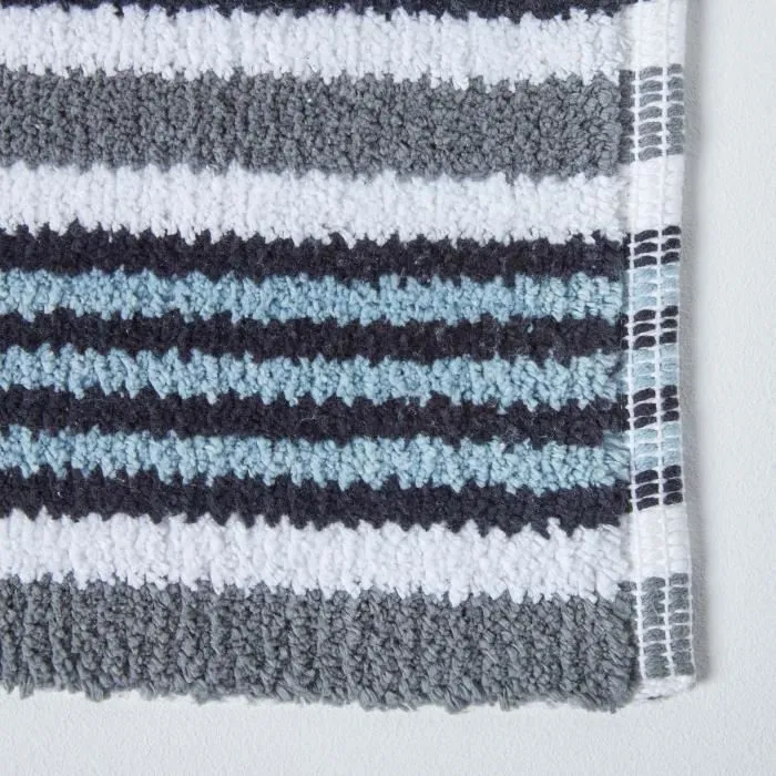 Tapis de bain tissé chenille de Coton rayé Noir-1