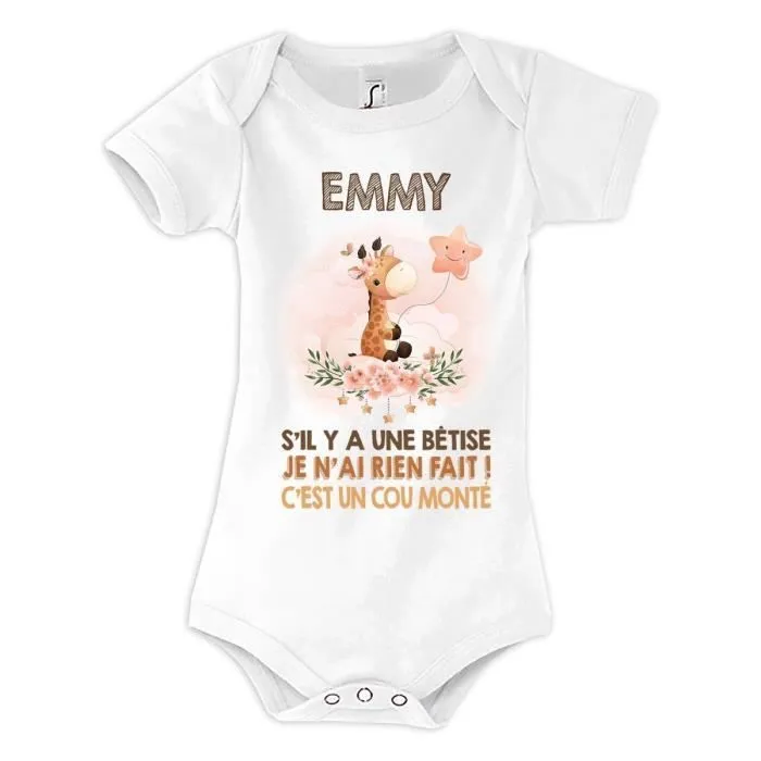 Body bébé Emmy Cou Monté Girafe - Cadeau Naissance Bébé et Enfant - Blanc - Mixte-0