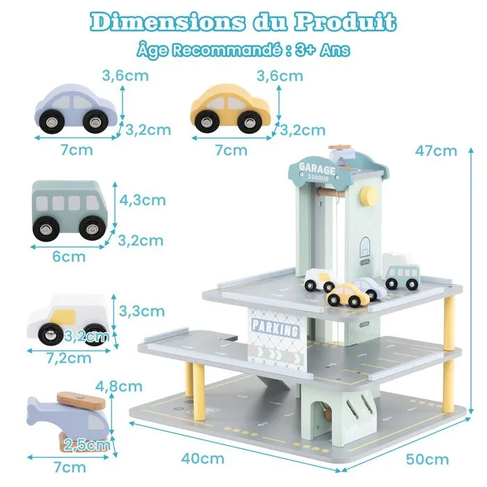 COSTWAY Jeu de Garage en Bois pour Enfant à 3 Niveaux avec 7 Accessoirs - 4 Petites Voitures, Hélicoptère, 50 x 40 x 47 cm-3