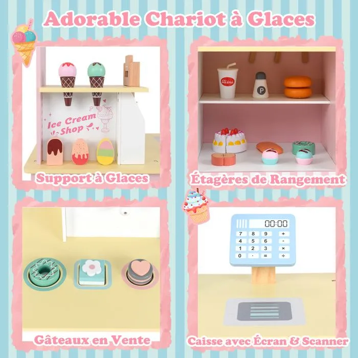 COSTWAY Chariot à Glaces Enfant Marchande Desserts 15 Accessoires, Caisse avec Écran et Scanner, Distributeur Automatique, Rose-1