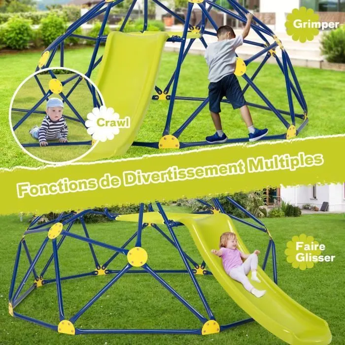 COSTWAY Dôme d'escalade avec Toboggan 241,5 x 183 x 91,5 CM, Cadre en Métal Robuste, Jouet Extérieure pour Enfants 3-10 Ans Jaune-2