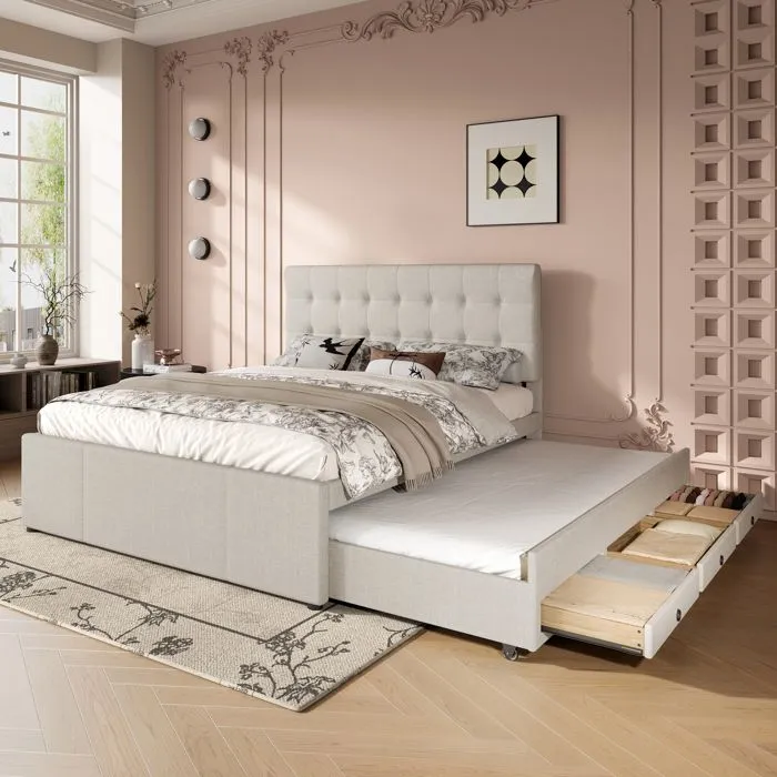 Lit double 140 x 200cm+ 90 x 190cm avec 3 tiroirr + Sommier à lattes, Lit gigogne, tête de lit réglable, beige-1