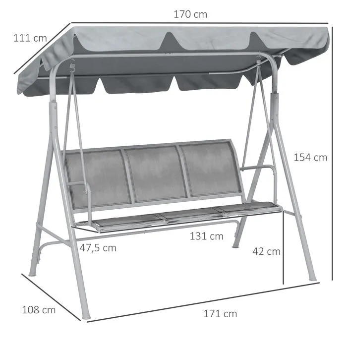 Balancelle de Jardin 3 Places - Outsunny - Toit imperméabilisé - Inclinaison réglable - Assise et Dossier Ergonomique - Gris-3