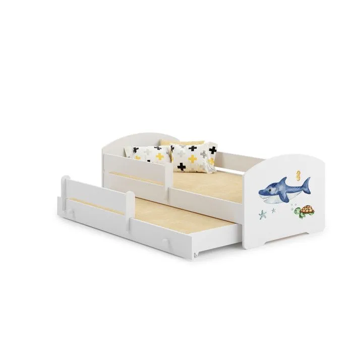 Lit gigogne enfant blanc LOU - Requin et tortue - 2 x 160 cm x 80 cm-0