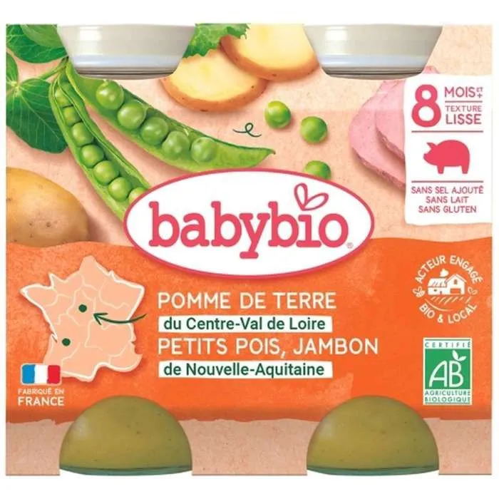Petit Pot Bébé Pomme de terre Petits pois Jambon - Bio - Babybio - 2x200g - Dès 8 mois-0
