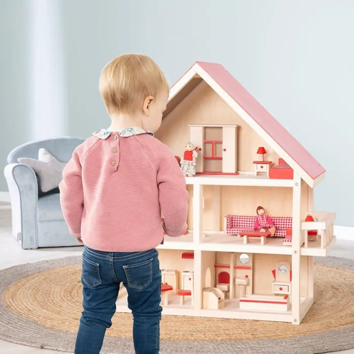 Maison de Poupée en Bois Naturel ROBA - Toit à Pignon Rouge - 3 Étages - 4 Poupées et Meubles Miniatures-1