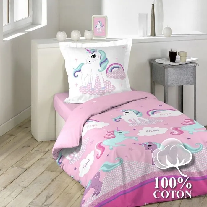 Parure de couette LICORNE - 2 pièces - 140 x 200 cm - 100% coton 42 fils - Rose, blanc, bleu et violet-3