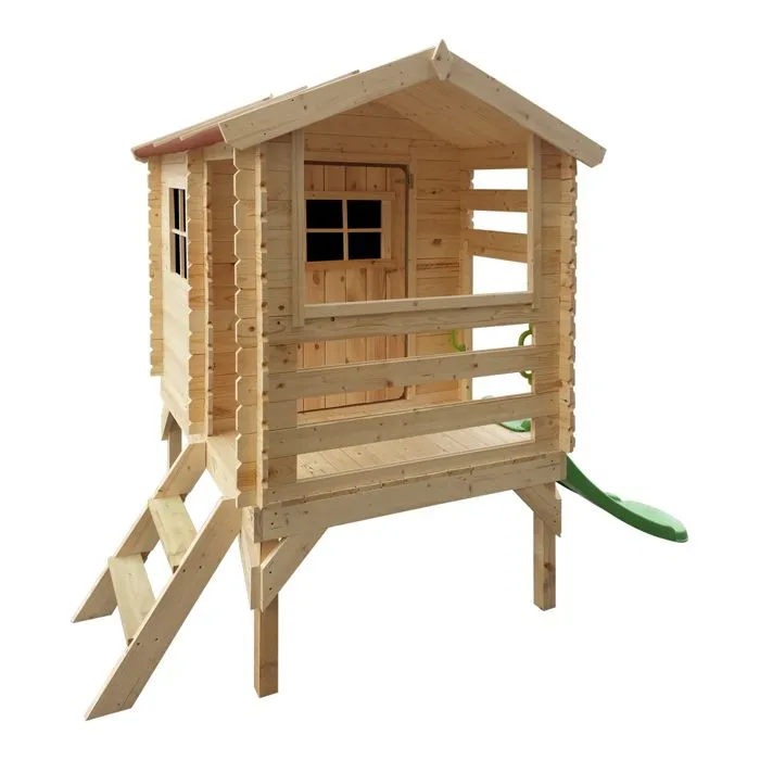 Maisonnette en bois avec toboggan - 82x146xH205cm/1.1m2 - maison jardin enfant exterieur bois - Timbela M501C-1
