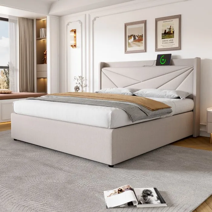 ModernLuxe Lit coffre 160x200cm - lit adulte avec port USB + sommier à lattes + tissu en lin - beige-2