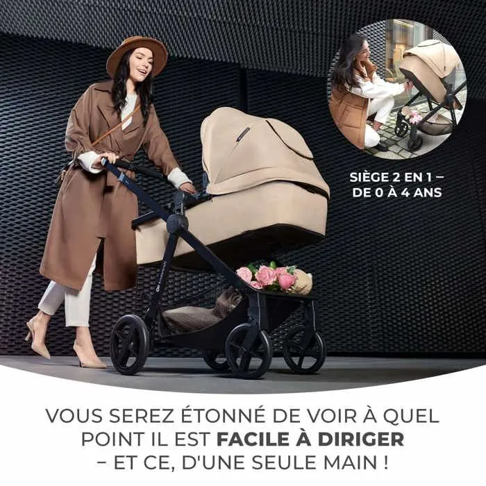 Poussette 4 en 1 Combinée - KINDERKRAFT NEWLY - avec Siège auto e base I-size - Système de voyage - Légère 7,5 kg - Plie - Gris-2