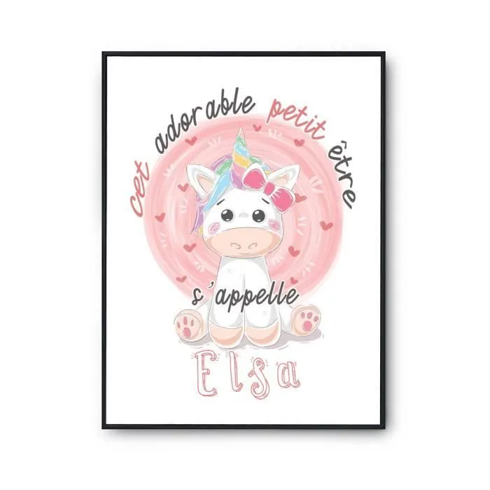 Affiche bébé prénom Elsa Licorne - Poster pour chambre bébé et enfant - Rose - Chambre - Décoration murale-0