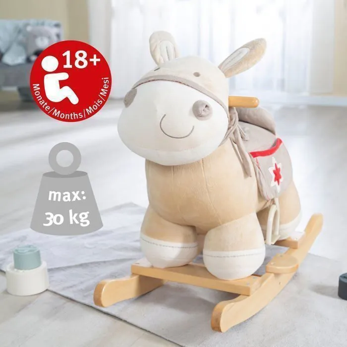 ROBA - Âne à Bascule en Bois et Peluche avec Étriers Selle et Bride - Marron / Motif Rouge-1