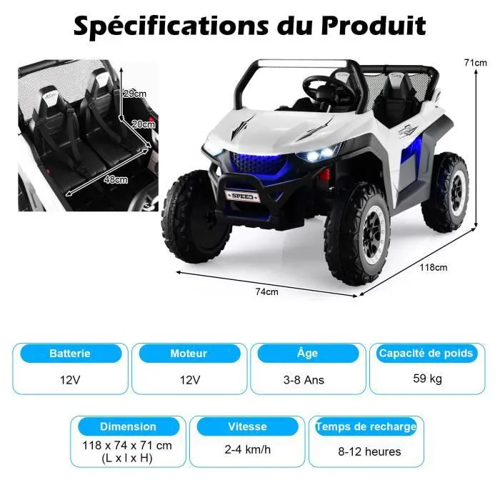 COSTWAY Voiture Electrique Enfant 12V/7Ah, 2-4 km/h, 2 Place, Télécommande 2,4G pour 3-8Ans, MP3, USB, Radio, Lumineux, Klaxon Blanc-3