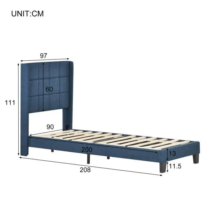 Lit adulte 90x200cm, en tissu de lin, Cadre de lit avec sommier à lattes et tête de lit rembourrée, Bleu-3