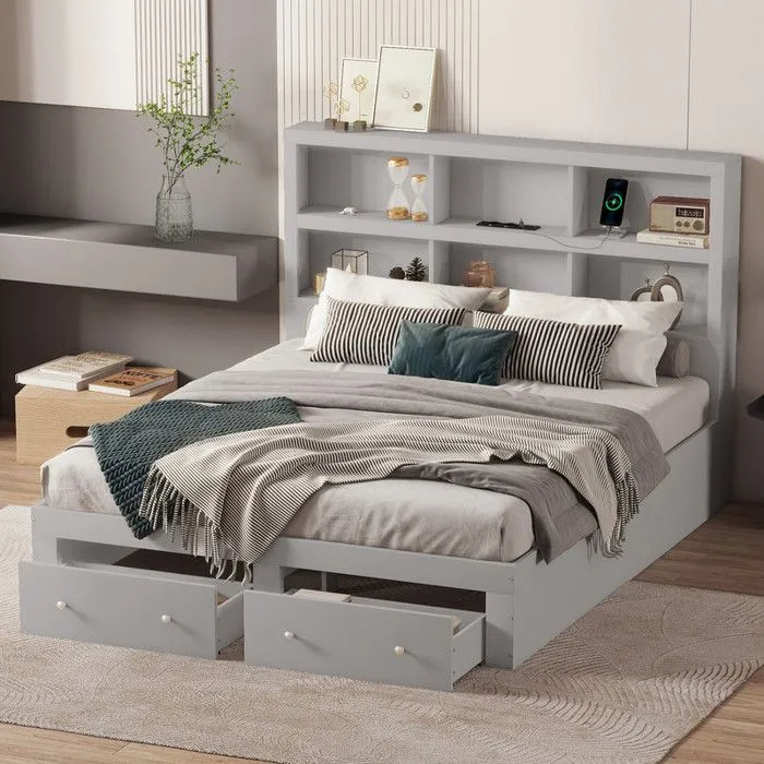 MODERNLUXE Lit adulte 160x200cm en bois massif avec tiroirs et tête de rangement - sommier à lattes - Gris-0