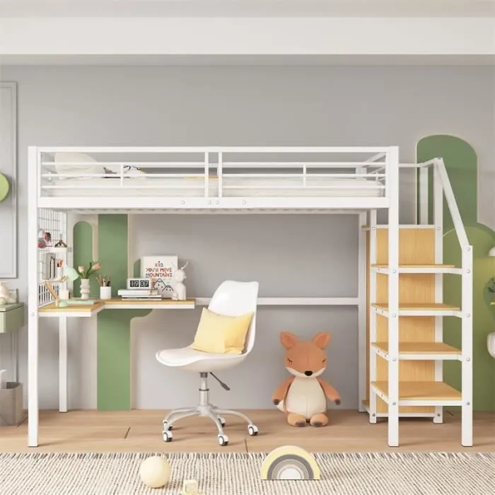 Lit mezzanine - Marque non spécifiée - 90x200cm - Acier + MDF - Blanc - Armoire intégrée-0