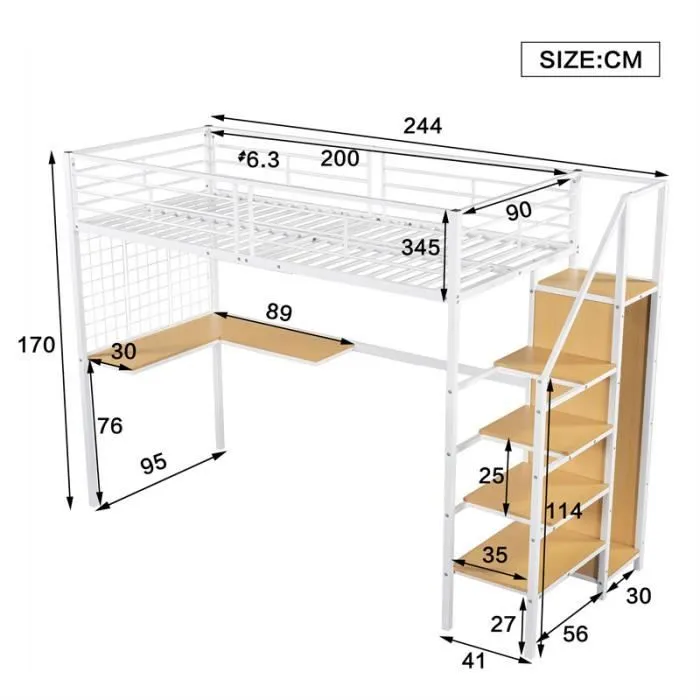 Lit mezzanine - Marque non spécifiée - 90x200cm - Acier + MDF - Blanc - Armoire intégrée-3