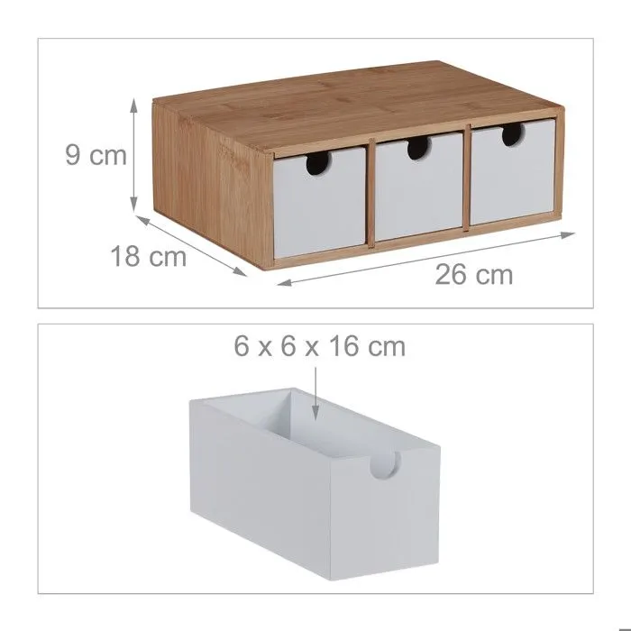 Relaxdays Boîte à tiroirs, bambou et MDF, mini-commode 3 compartiments, HxLxP : 9 x 26 x 18 cm, organiseur, nature/blanc-3