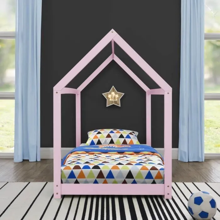 [en.casa] Lit Enfant Design Maison Cadre Structure Lit Bois Blanc Cabane 206 x 98 x 142 cm Rose-2