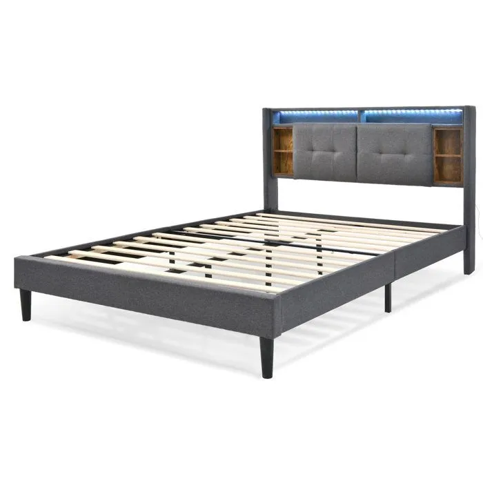 Lit adulte 160x200 cm - Tête de lit avec rangement , LED et ports USB - Sommier inclus - Gris-3