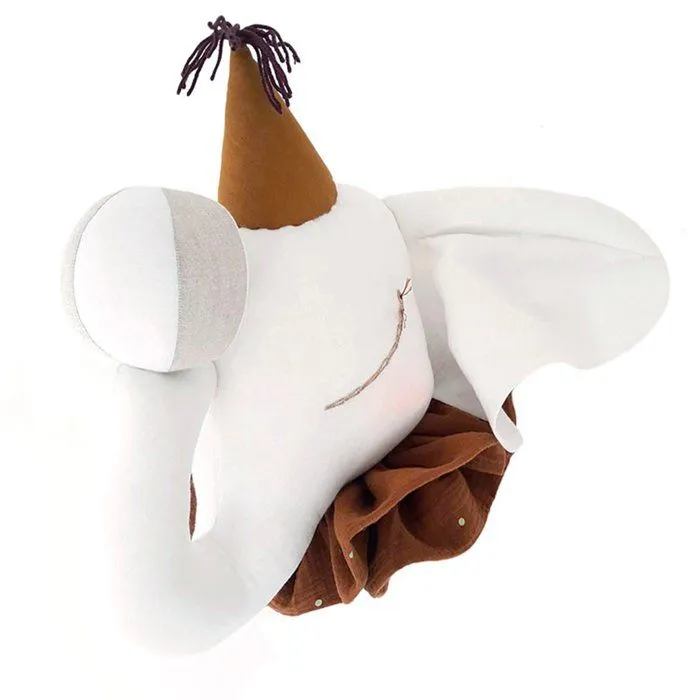 Trophée mural enfant - SEVIRA KIDS - Éléphant de cirque - Lin - Crème/Marron - 45 cm x 42 cm-0