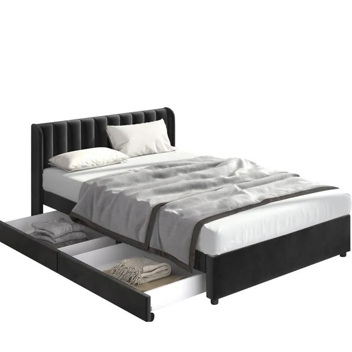 Lit double - Noir - 140 x 200 cm - Velours - Avec tiroirs - Style Scandinave-1