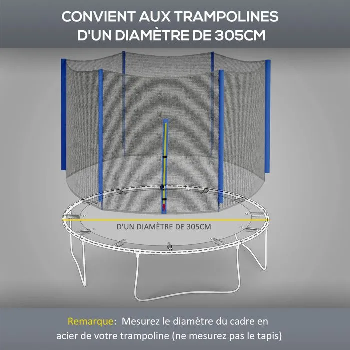 Filet de sécurité trampoline porte zipée Ø 305 cm 6 poteaux bleu noir-4