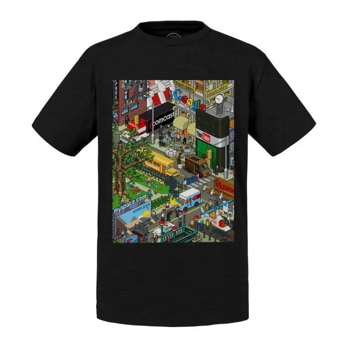 T-shirt Enfant Noir Pixel Art Ville Retro Gaming Geek Jeux Video 8 Bits-0