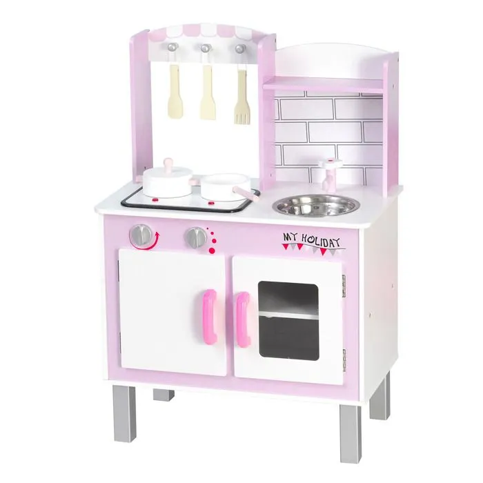 Cuisine bois jeu d'imitation - cuisine rose enfant - nombreux accessoires & rangements inclus - fonction sonore - MDF pin rose-0