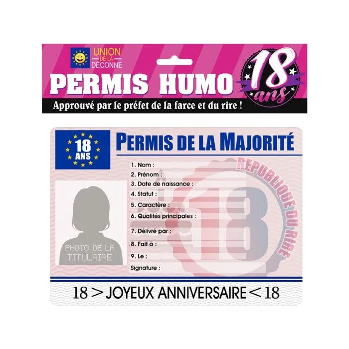 Permis humoristique - Majorité - 18 ans - Fille - Rose - Décoration de fête - Intérieur-2