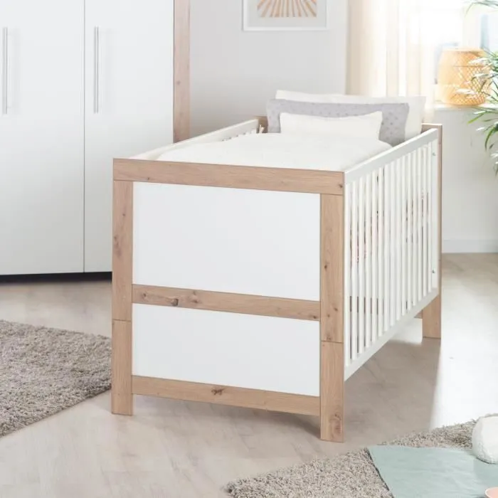 Lit Bébé Évolutif 70 x 140 cm Malo - ROBA - Convertible en Lit Junior - avec Sommier à Hauteur Réglable - Blanc - Chêne-2