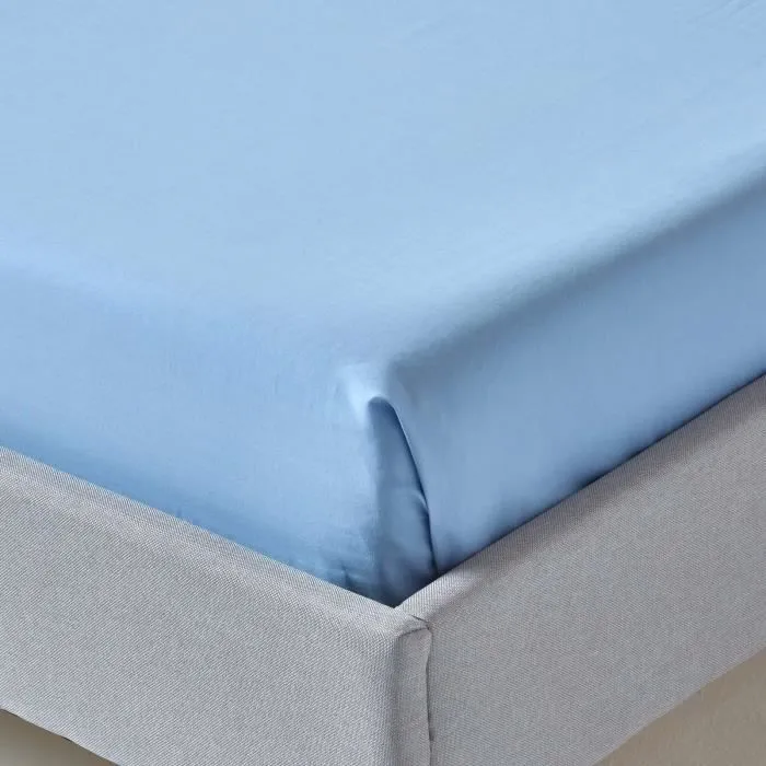 Drap plat uni 100% coton égyptien 200 fils coloris bleu 240 x 300 cm-2