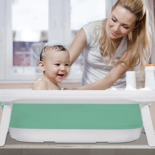 LZQ Baignoire pour bébé - Pliable - Avec filet de drainage - avec tapis de bain- Convient pour les bébés de 0 à 8 ans -Vert-3