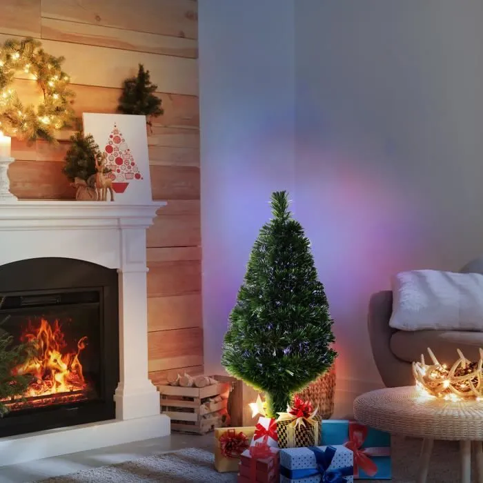 HOMCOM Sapin de Noël Artificiel Lumineux 90H cm Fibre Optique Multicolore + Support Pied 90 Branches Vert-1