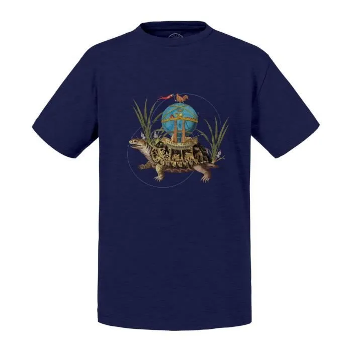 T-shirt Enfant Bleu Vaisseau Tortue Collage Art Surréalisme Jules Verne Fantastique-0
