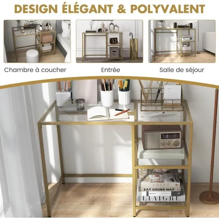 COSTWAY Bureau Transparent à 2 Étagères - 106 x 51 x 76 CM, en Verre Trempé, Cadre en Métal Doré, Style Scandinave Moderne-3