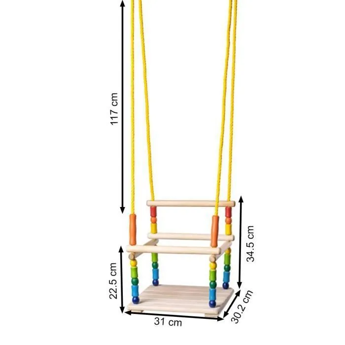 Balançoire en bois - ZOOM - Modèle coloré - Dossier sécurisant - Cordes douces - Charge 25 kg-3