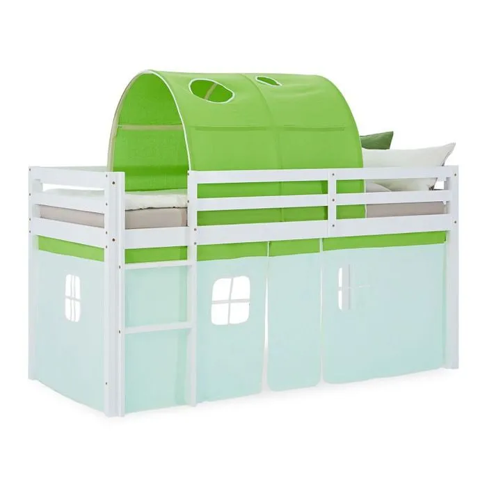 Lit mi-hauteur - HomeStyle4U - 2967 - 90x200 cm - Rideau tunnel vert - Échelle réversible-0