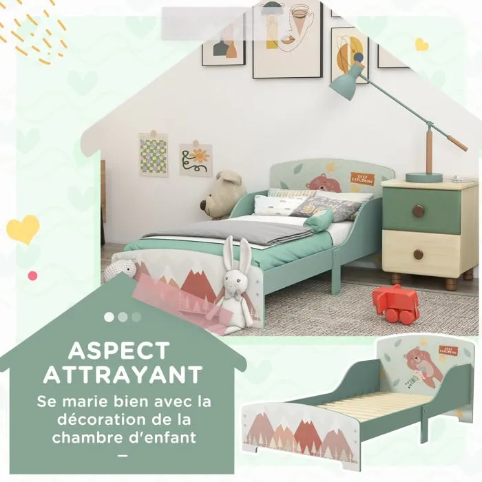 Lit pour enfant ZONEKIZ 3-6 ans avec barrières de sécurité et motifs dim. 77 x 143 x 60 cm sommier à lattes inclus - Vert-4