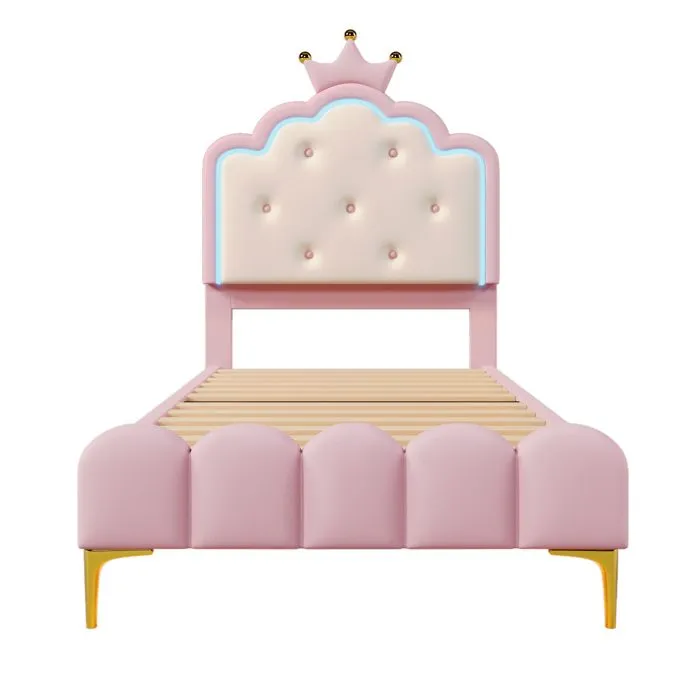 Lit 90x200cm - lit simple princesse LED avec sommier à lattes et tête de lit couronnée - matériau PU, rose-2