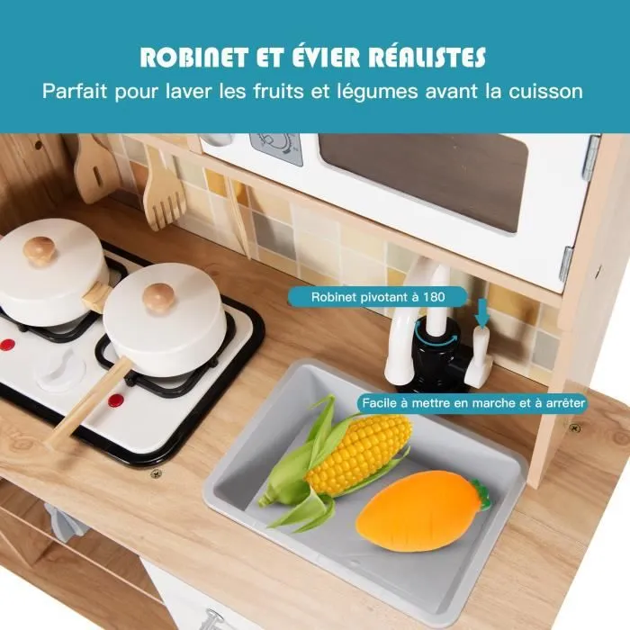 COSTWAY Cuisine pour Enfants avec Four Micro-Ondes et Robinet - 5 Accessoires Jouet d'Imitation pour Enfant de 3 à 7Ans-2