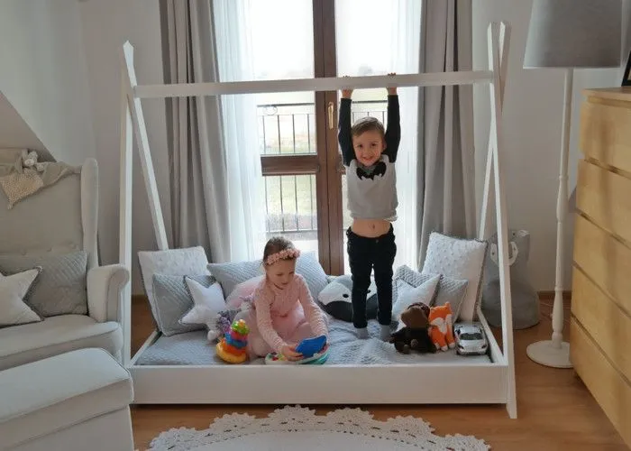 Lit pour enfant Maison 2-en-1 Tente Cabane en Bois Naturel (160x80 cm) Avec matelas eco : Aventures Ludiques et Repos Douillet - Bl-5