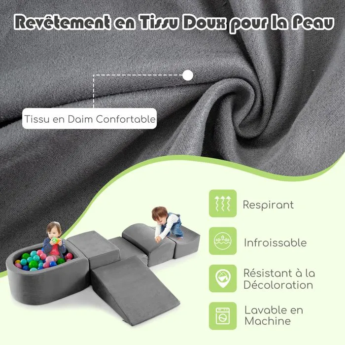 Blocs de Construction en Mousse COSTWAY-pour Enfants de 3+ ans-5 Pièces-Housses Lavables en Machine avec Fermetures Eclair-Gris-2